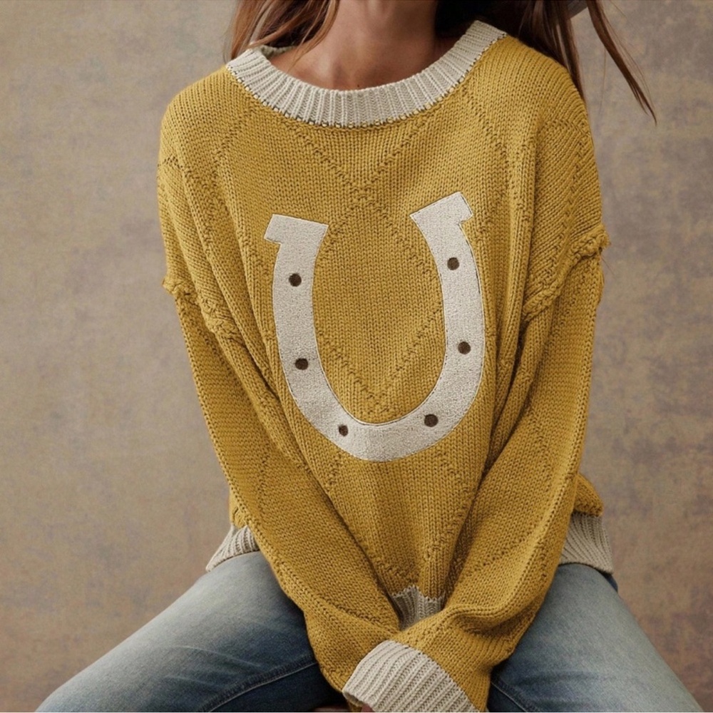 Western Bohemian Color Block Horseshoe Loose Fit Sweater XS S M L XL